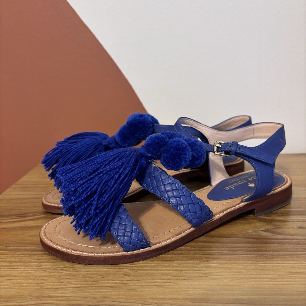 Kate Spade Sunset Royal Blue Leather Pom Pom Tassel Flat Sandals 5 Resort Vacay